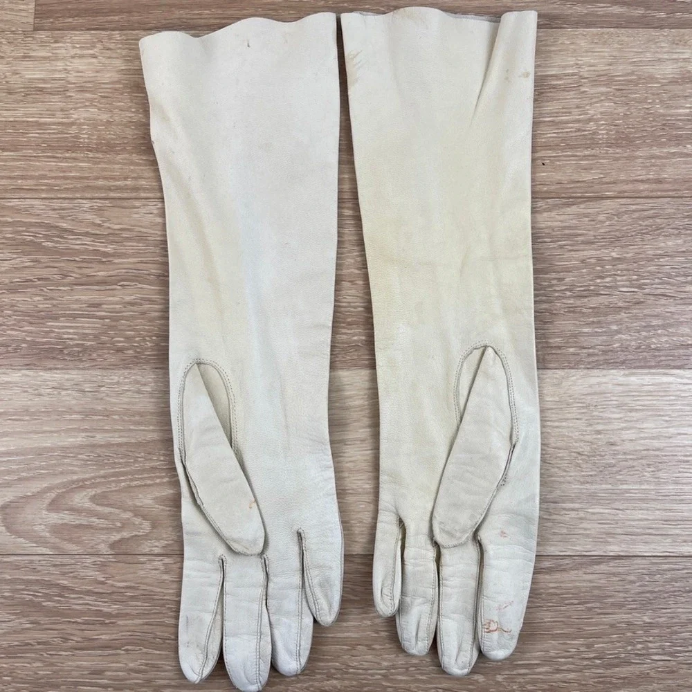 Vintage Caresskin by Superb Cream Leather Opera Length Gloves Size‎ 6.5 Washable